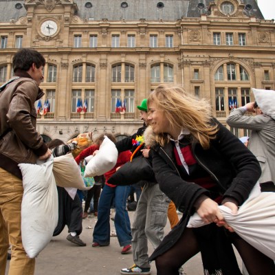 A pillow fight at the Monumental pillow fight in DC