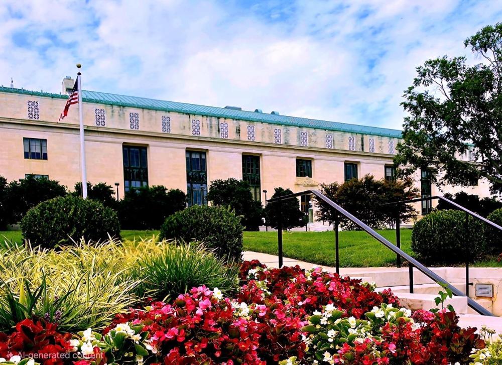 Building with American flag, stairs, and vibrant flower bed in foreground.
